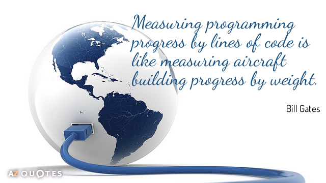 Bill Gates quote: Measuring programming progress by lines of code is like measuring aircraft building progress...