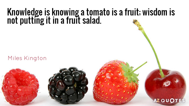Miles Kington quote: Knowledge is knowing a tomato is a fruit; wisdom is not putting it...