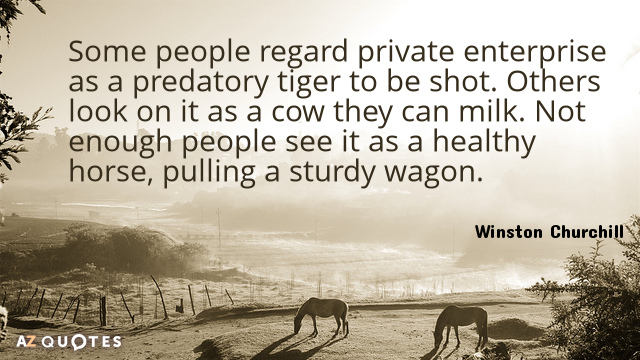 Winston Churchill quote: Some people regard private enterprise as a predatory tiger to be shot. Others...
