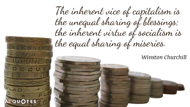 Winston Churchill quote: The inherent vice of capitalism is the unequal sharing of blessings; the inherent...