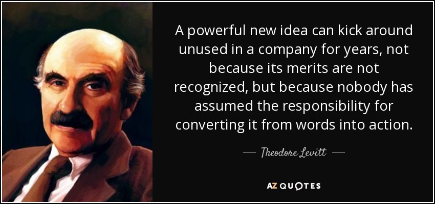 A powerful new idea <b>can kick</b> around unused in a company for years, <b>...</b> - quote-a-powerful-new-idea-can-kick-around-unused-in-a-company-for-years-not-because-its-merits-theodore-levitt-53-16-35