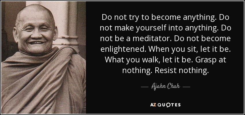 Do not try to become anything. Do not make yourself into anything. Do not be a meditator. Do not become enlightened. When you sit, let it be. What you walk, let it be. Grasp at nothing. Resist nothing. - Ajahn Chah