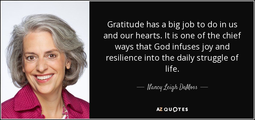 Gratitude has a big job to do in us and our hearts. It is one of the chief ways that God infuses joy and resilience into the daily struggle of life. - Nancy Leigh DeMoss