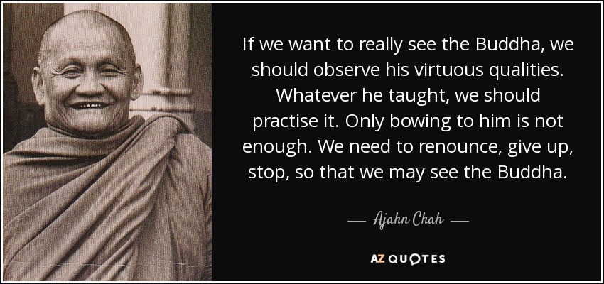 If we want to really see the Buddha, we should observe his virtuous qualities. Whatever he taught, we should practise it. Only bowing to him is not enough. We need to renounce, give up, stop, so that we may see the Buddha. - Ajahn Chah
