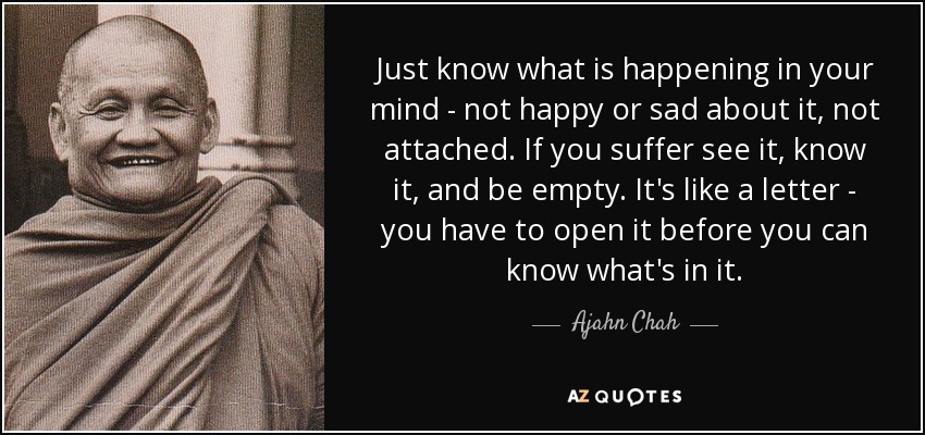 Just know what is happening in your mind - not happy or sad about it, not attached. If you suffer see it, know it, and be empty. It's like a letter - you have to open it before you can know what's in it. - Ajahn Chah