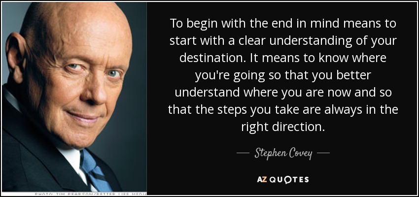 To begin with the end in mind means to start with a clear understanding of your destination. It means to know where you're going so that you better understand where you are now and so that the steps you take are always in the right direction. - Stephen Covey