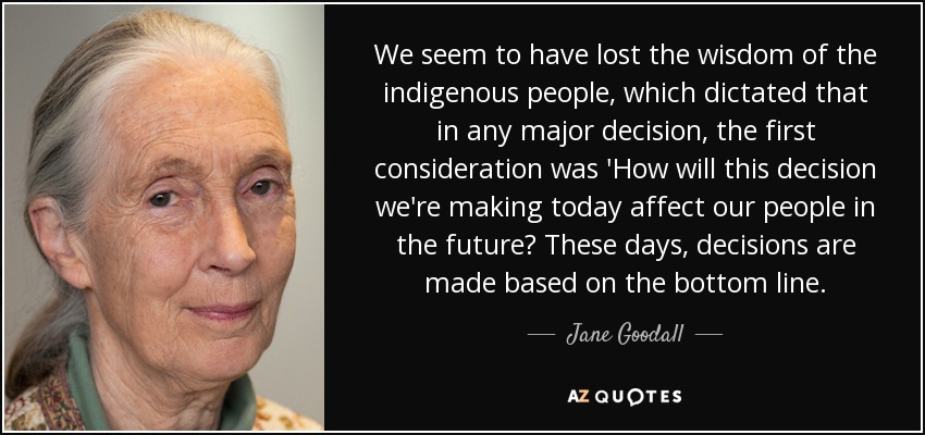 We seem to have lost the wisdom of the indigenous people, which dictated that in any major decision, the first consideration was 'How will this decision we're making today affect our people in the future? These days, decisions are made based on the bottom line. - Jane Goodall