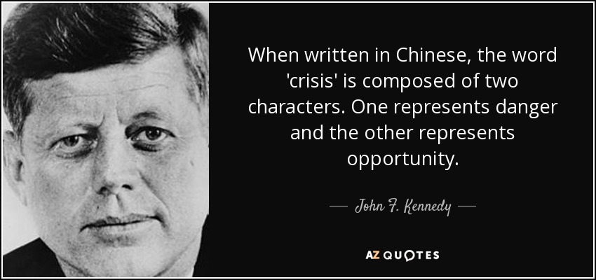 John F. Kennedy quote: When written in Chinese, the word 'crisis' is