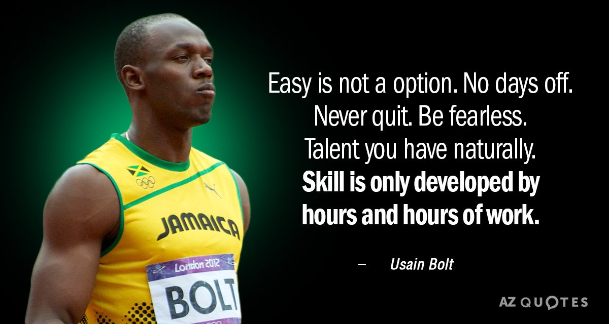 Usain Bolt quote: Easy is not a option..No days off..Never Quit..Be Fearless..Talent you have Naturally..Skill is...
