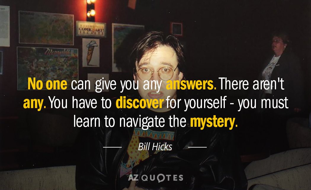 Bill Hicks quote: No one can give you any answers. There aren't any. You have to...