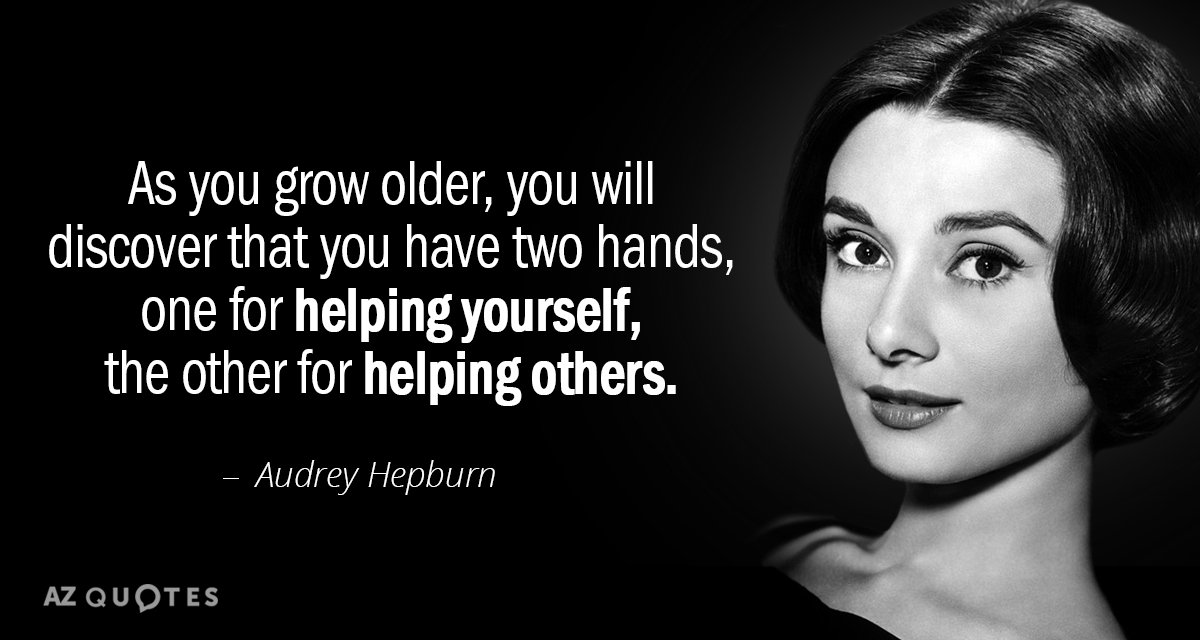 Audrey Hepburn quote: As you grow older, you will discover that you have two hands, one...