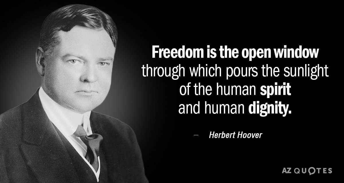 Herbert Hoover quote: Freedom is the open window through which pours the sunlight of the human...
