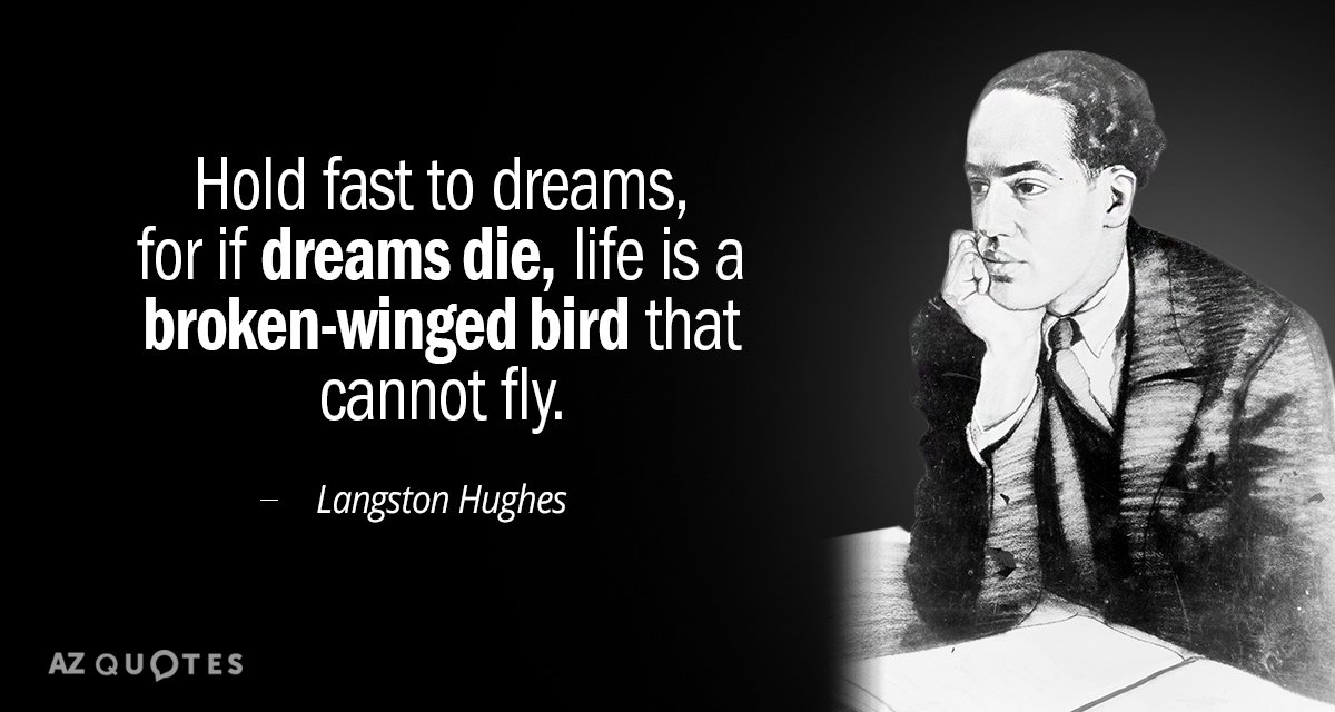 Langston Hughes quote: Hold fast to dreams, for if dreams die, life is a broken-winged bird...