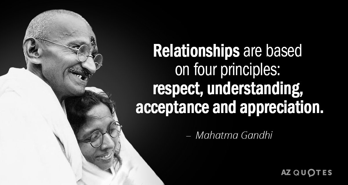 Mahatma Gandhi quote: Relationships are based on four principles: respect, understanding, acceptance and appreciation.