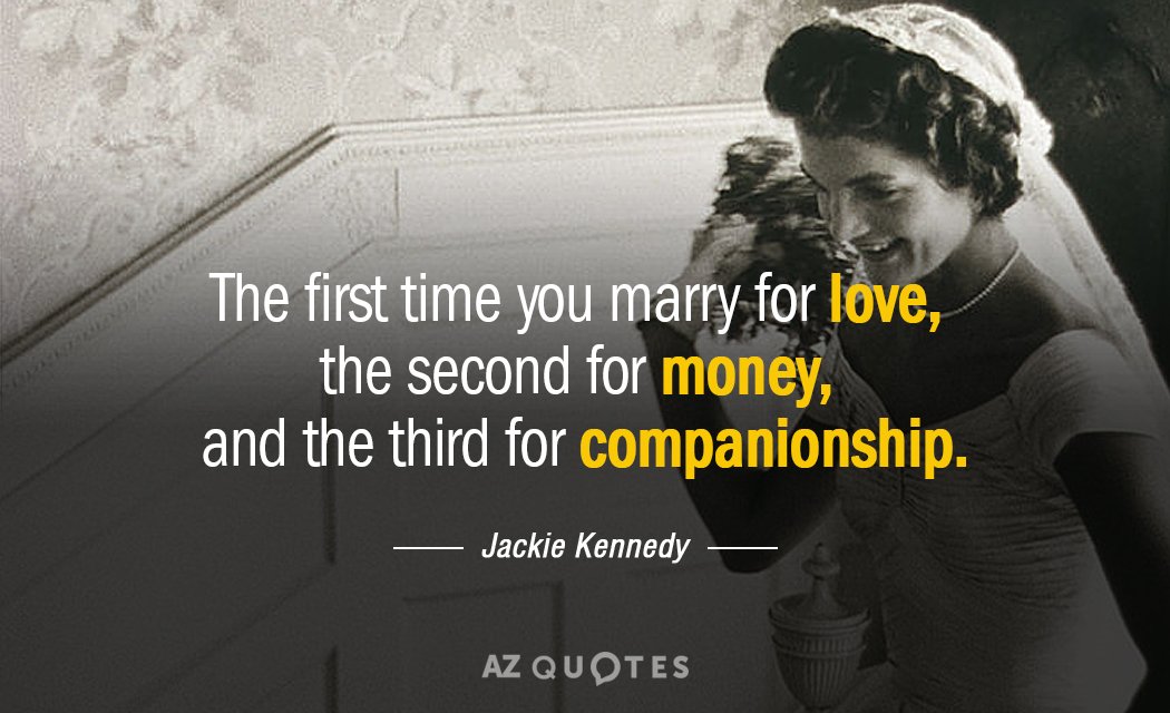 Jackie Kennedy quote: The first time you marry for love, the second for money, and the...