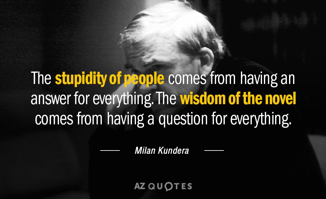 Milan Kundera quote: The stupidity of people comes from having an answer for everything. The wisdom...