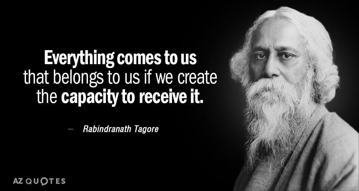 Rabindranath Tagore quote: Everything comes to us that belongs to us if we create the capacity...