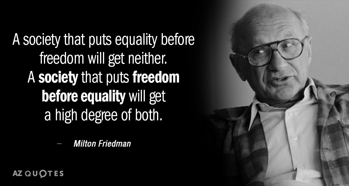 Milton Friedman quote: A society that puts equality before freedom will get neither. A society that...