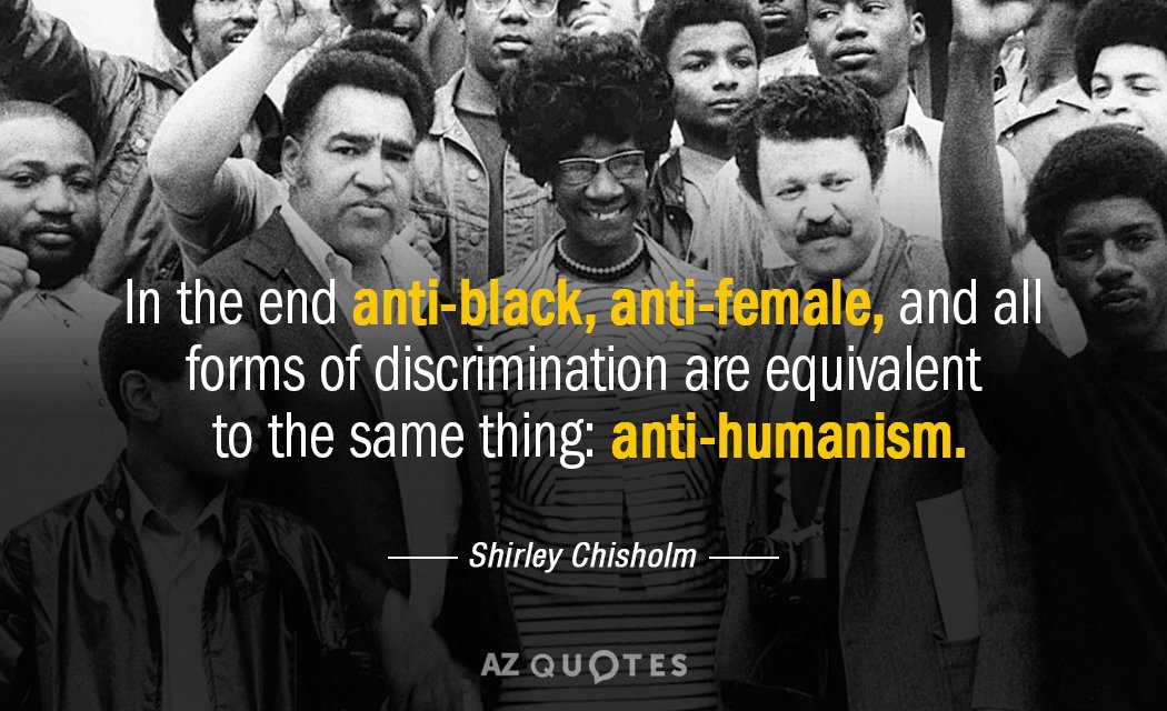 Shirley Chisholm quote: In the end anti-black, anti-female, and all forms of discrimination are equivalent to...