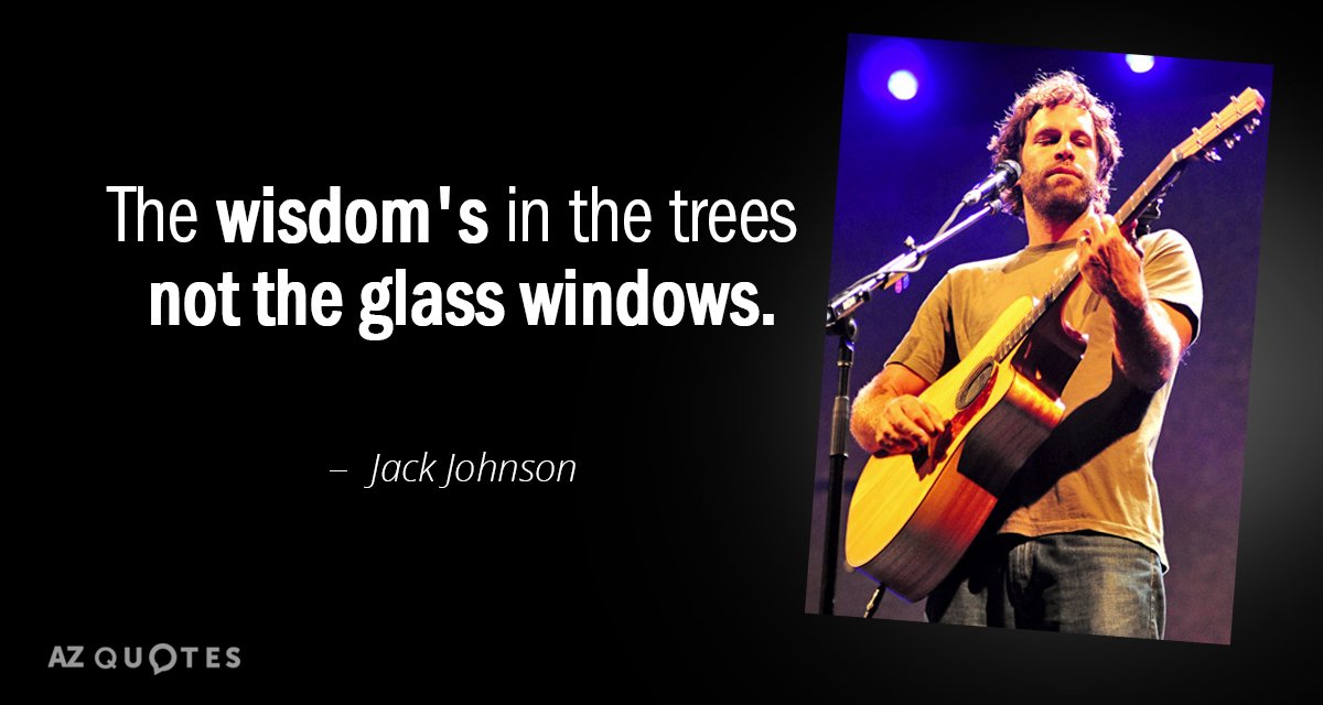 Jack Johnson quote: The wisdom's in the trees not the glass windows.