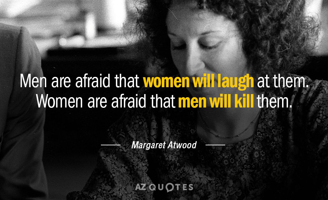 Margaret Atwood quote: Men are afraid that women will laugh at them. Women are afraid that...