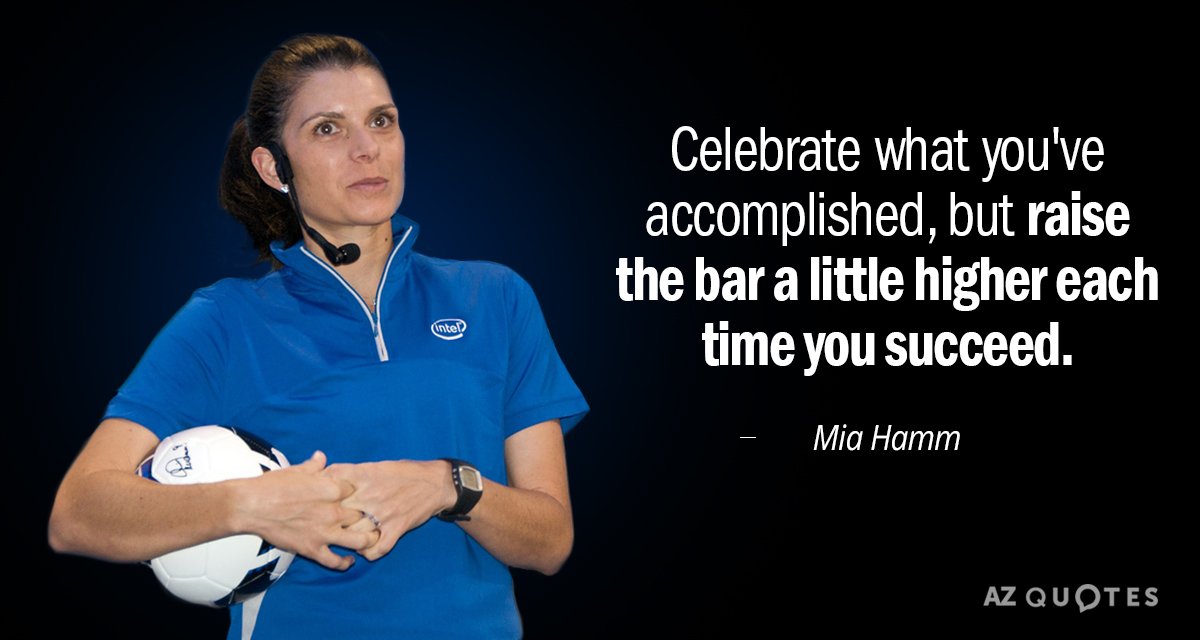Mia Hamm quote: Celebrate what you've accomplished, but raise the bar a little higher each time...