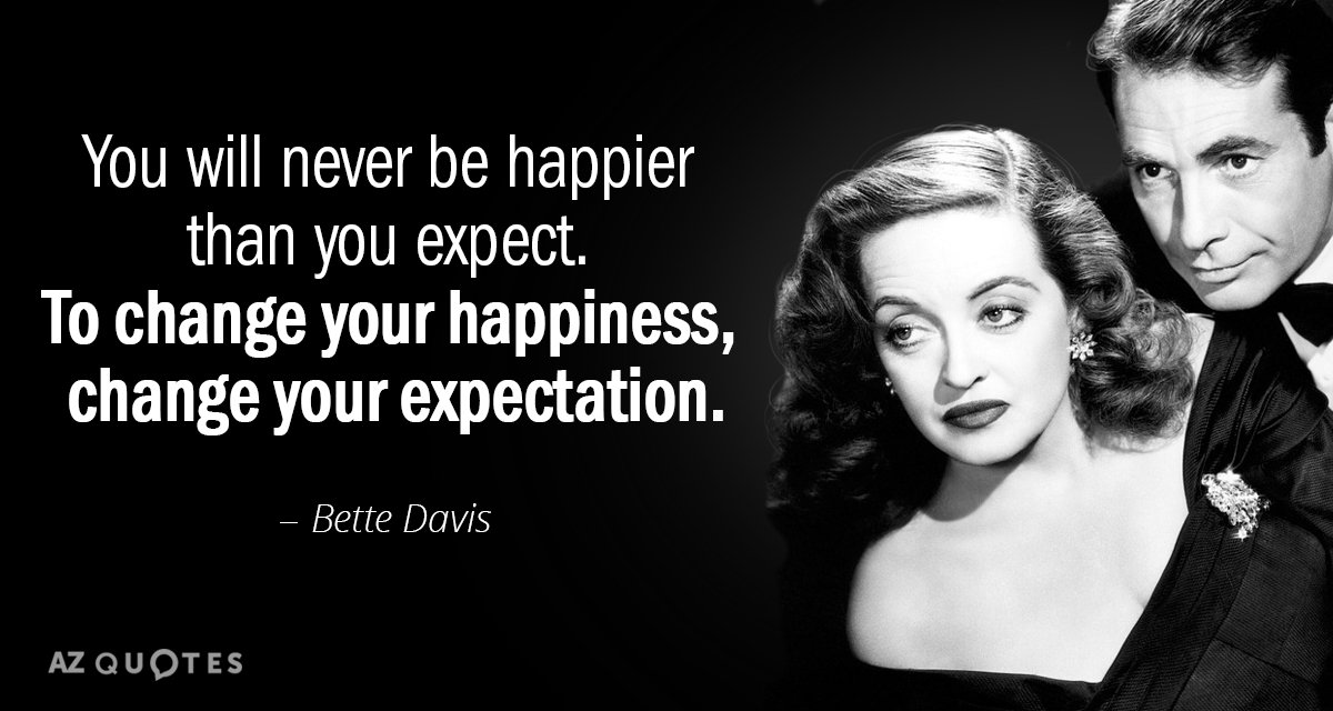 Bette Davis quote: You will never be happier than you expect. To change your happiness, change...