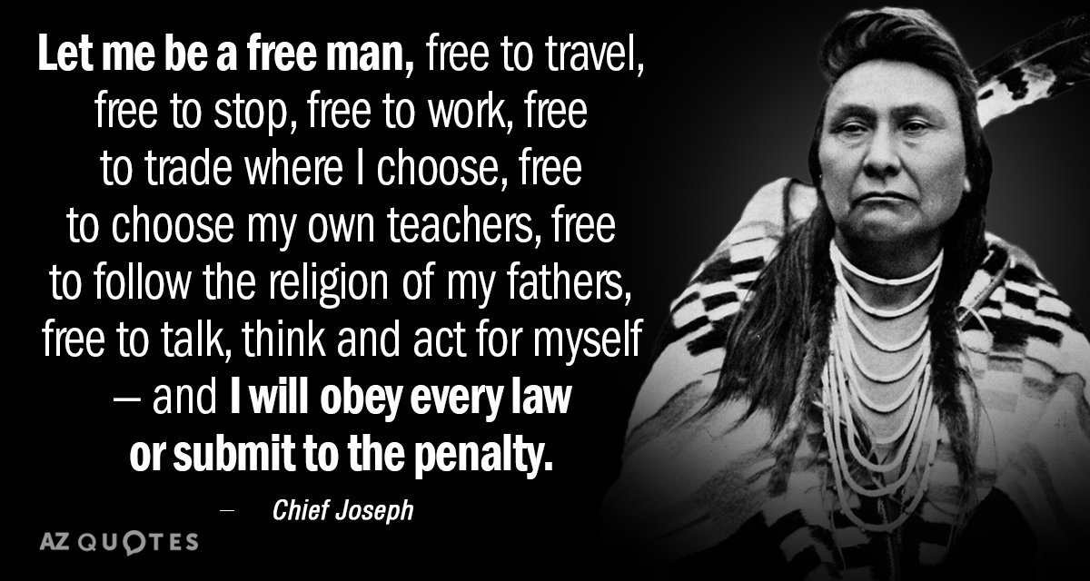 Chief Joseph quote: Let me be a free man, free to travel, free to stop, free...