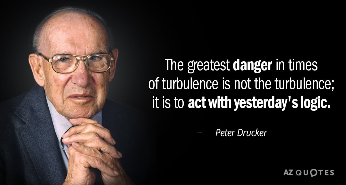Peter Drucker quote: The greatest danger in times of turbulence is not the turbulence; it is...