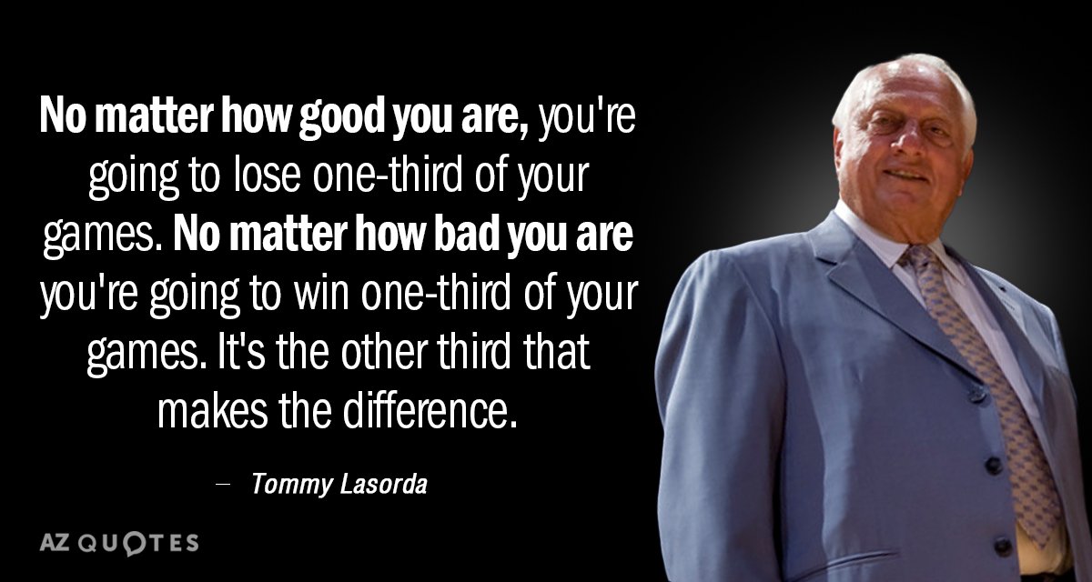 Tommy Lasorda quote: No matter how good you are, you're going to lose one-third of your...