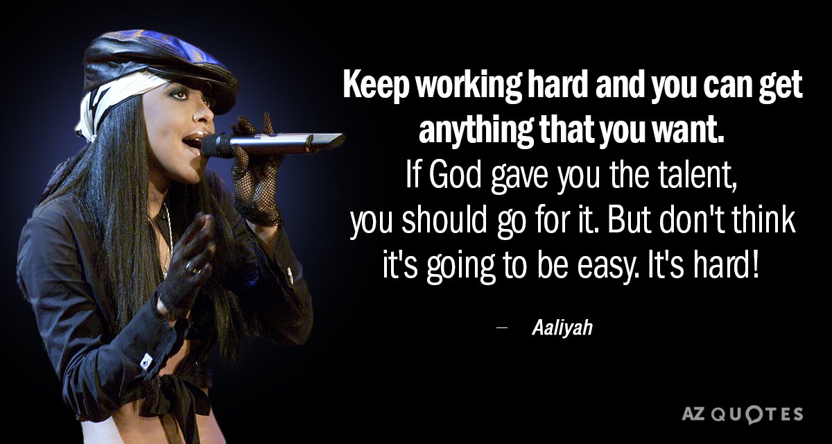 Aaliyah quote: Keep working hard and you can get anything that you want. If God gave...