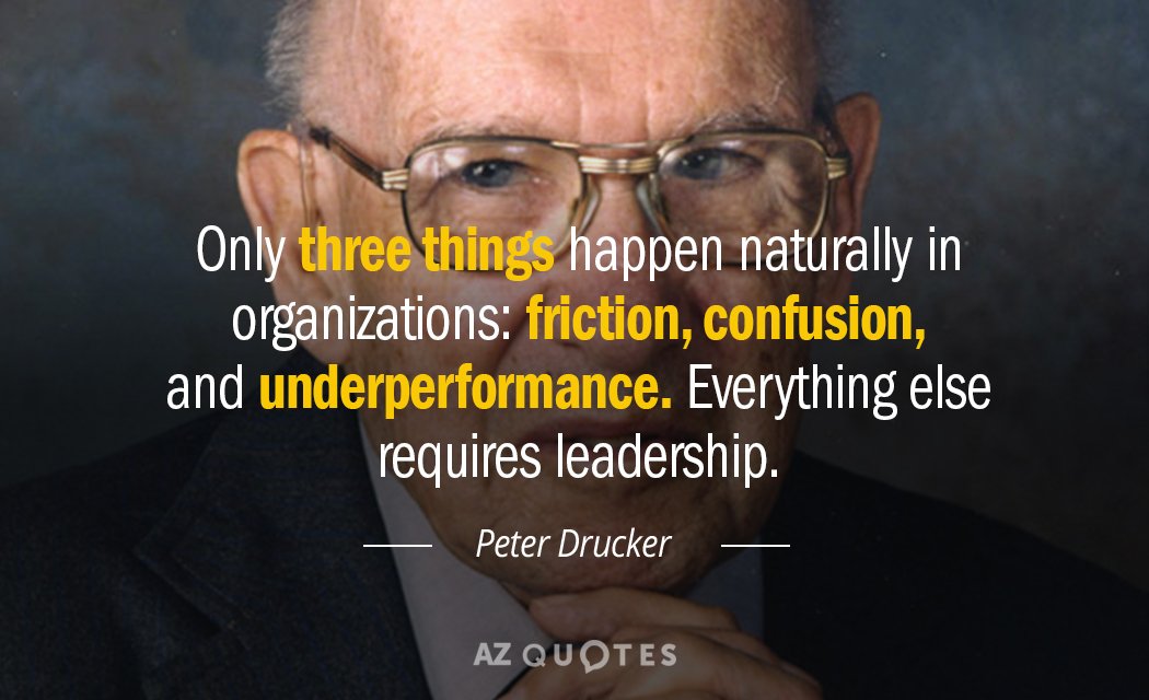 Peter Drucker quote: Only three things happen naturally in organizations: friction, confusion, and underperformance. Everything else...