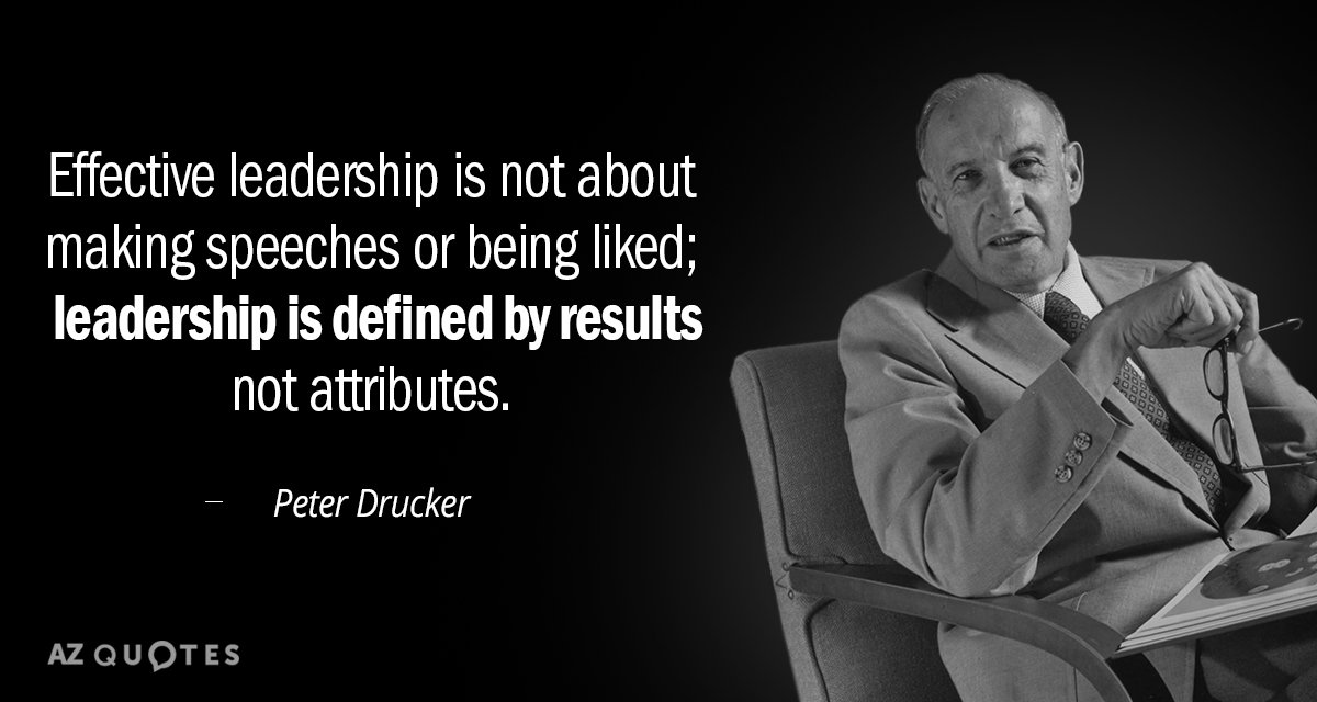 Peter Drucker quote: Effective leadership is not about making speeches or being liked; leadership is defined...