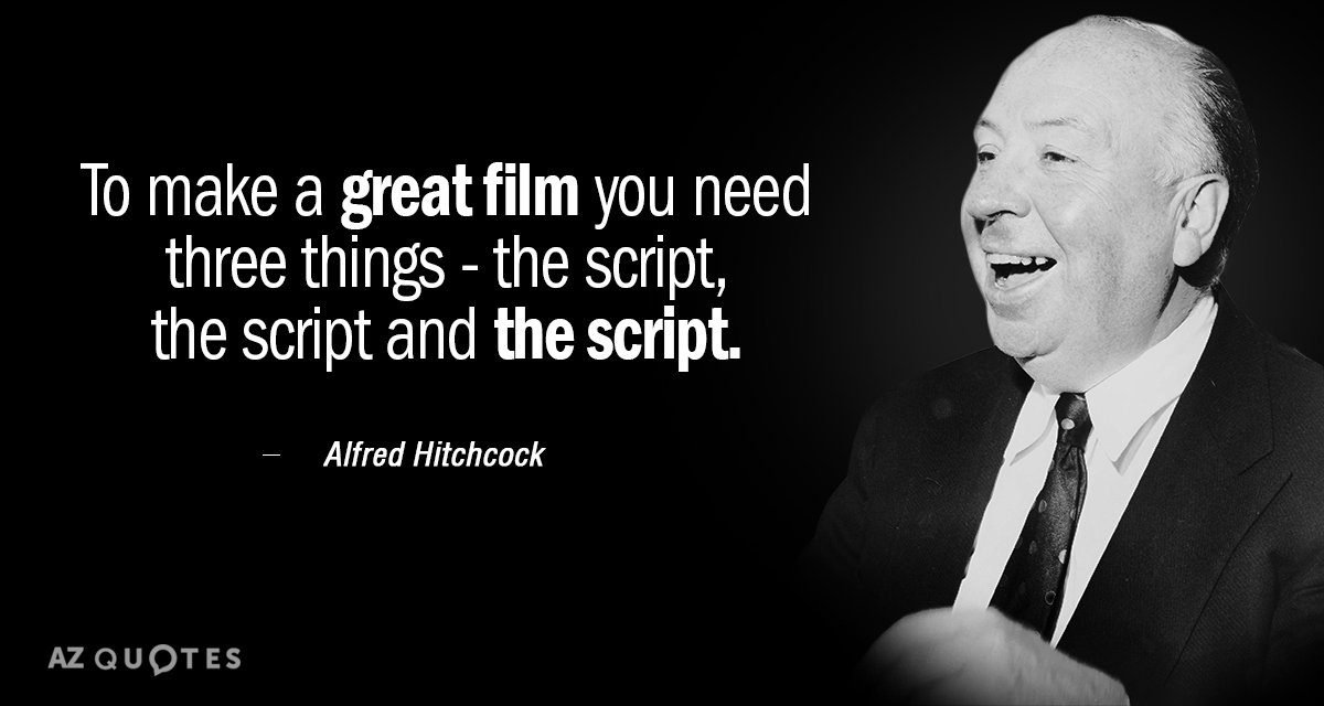 Alfred Hitchcock quote: To make a great film you need three things - the script, the...