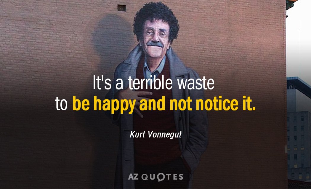 Kurt Vonnegut quote: It's a terrible waste to be happy and not notice it.