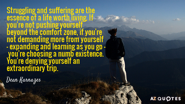 Dean Karnazes quote: Struggling and suffering are the essence of a life worth living. If you're...