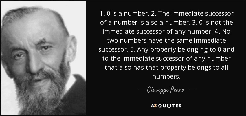 1. 0 is a number. 2. The immediate successor of a number is also a number. 3. 0 is not the immediate successor of any number. 4. No two numbers have the same immediate successor. 5. Any property belonging to 0 and to the immediate successor of any number that also has that property belongs to all numbers. - Giuseppe Peano