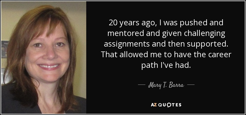 20 years ago, I was pushed and mentored and given challenging assignments and then supported. That allowed me to have the career path I've had. - Mary T. Barra