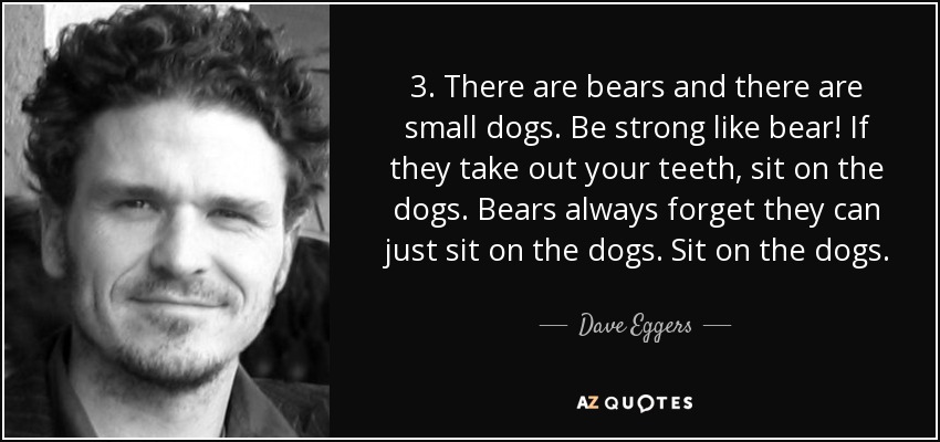 3. There are bears and there are small dogs. Be strong like bear! If they take out your teeth, sit on the dogs. Bears always forget they can just sit on the dogs. Sit on the dogs. - Dave Eggers