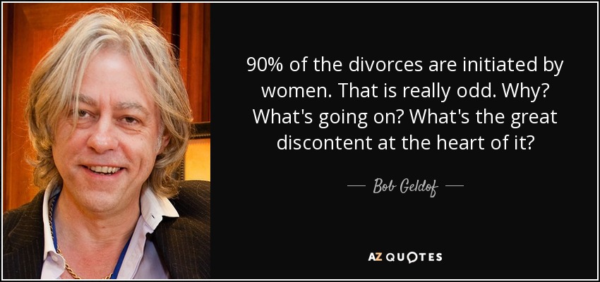 90% of the divorces are initiated by women. That is really odd. Why? What's going on? What's the great discontent at the heart of it? - Bob Geldof