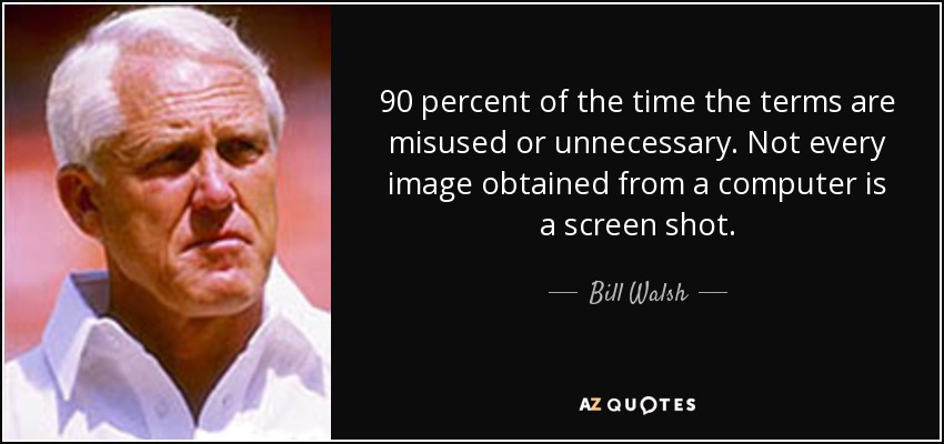 90 percent of the time the terms are misused or unnecessary. Not every image obtained from a computer is a screen shot. - Bill Walsh