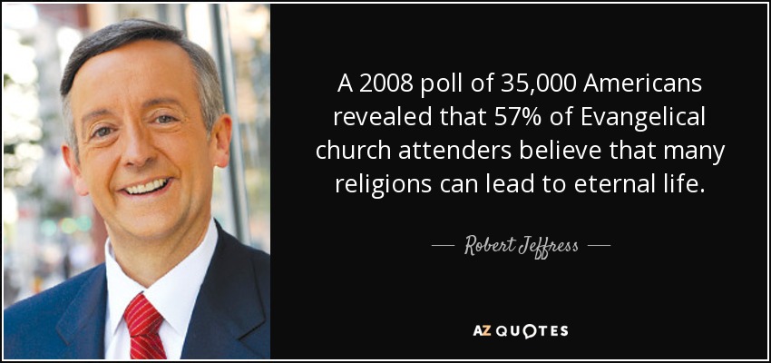 A 2008 poll of 35,000 Americans revealed that 57% of Evangelical church attenders believe that many religions can lead to eternal life. - Robert Jeffress