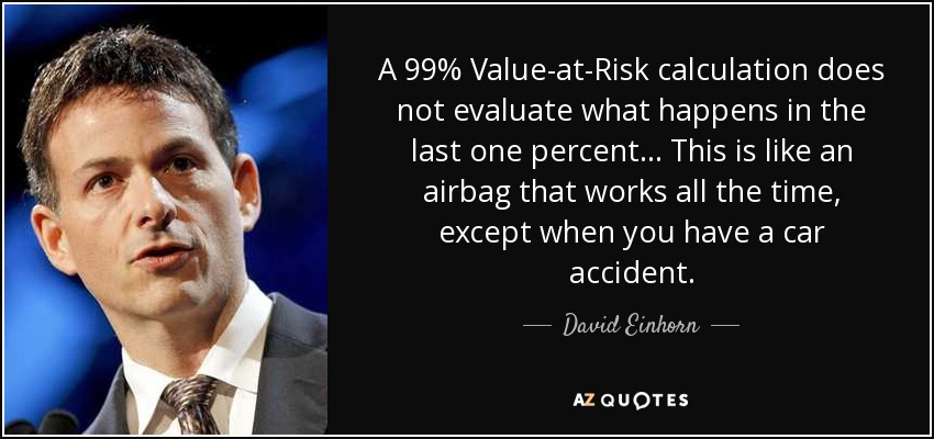 A 99% Value-at-Risk calculation does not evaluate what happens in the last one percent... This is like an airbag that works all the time, except when you have a car accident. - David Einhorn