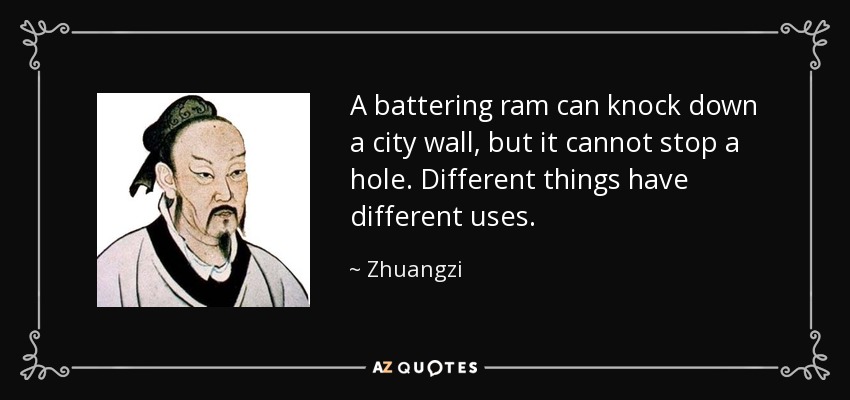 A battering ram can knock down a city wall, but it cannot stop a hole. Different things have different uses. - Zhuangzi