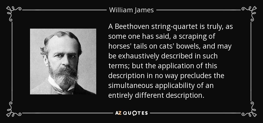 A Beethoven string-quartet is truly, as some one has said, a scraping of horses' tails on cats' bowels, and may be exhaustively described in such terms; but the application of this description in no way precludes the simultaneous applicability of an entirely different description. - William James