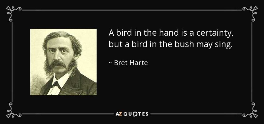 A bird in the hand is a certainty, but a bird in the bush may sing. - Bret Harte