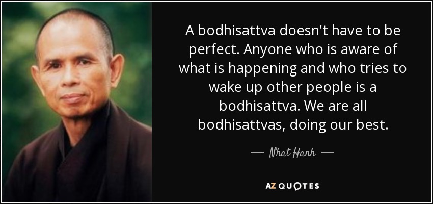 A bodhisattva doesn't have to be perfect. Anyone who is aware of what is happening and who tries to wake up other people is a bodhisattva. We are all bodhisattvas, doing our best. - Nhat Hanh