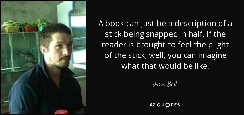 A book can just be a description of a stick being snapped in half. If the reader is brought to feel the plight of the stick, well, you can imagine what that would be like. - Jesse Ball