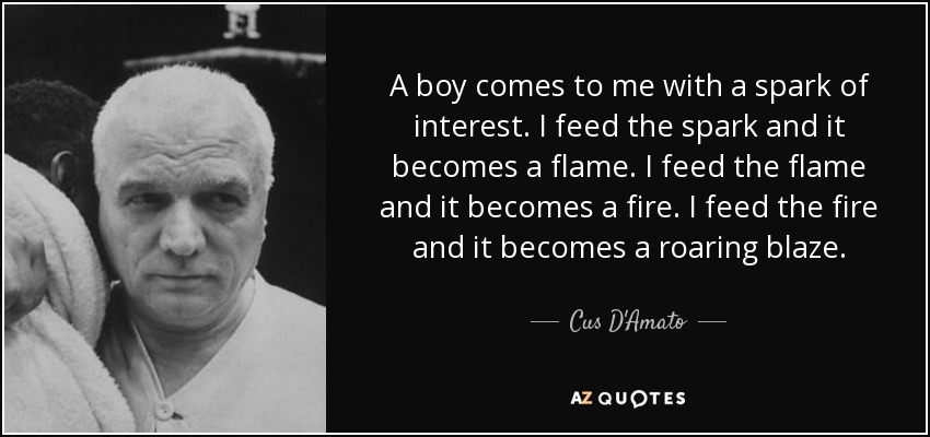 A boy comes to me with a spark of interest. I feed the spark and it becomes a flame. I feed the flame and it becomes a fire. I feed the fire and it becomes a roaring blaze. - Cus D'Amato