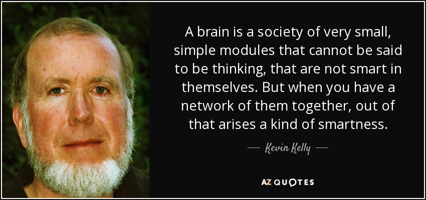 A brain is a society of very small, simple modules that cannot be said to be thinking, that are not smart in themselves. But when you have a network of them together, out of that arises a kind of smartness. - Kevin Kelly